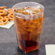 Modern square-bottom clear plastic cups, 10 oz capacity, disposable, lightweight, and sold in a bulk pack of 500
