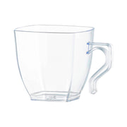 Modern square-shaped clear plastic coffee mugs with a comfortable handle and 8 oz capacity, ideal for everyday use or parties