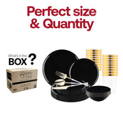 Modern tablescape featuring the Black Flat Round Disposable Tableware Set paired with gold-accented cutlery and rich contrasts
