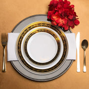 Modern wedding table enhanced by the White with Black and Gold Royal Rim Plastic Wedding Set and polished gold accents