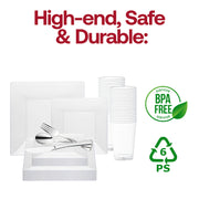 Modern wedding table setting styled with the Clear Square Plastic Wedding Value Set, perfect for formal celebrations