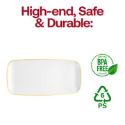 Modern white plastic plates accented with a gold rim, rectangular with flat raised edges, 10.6x5 inches, pack of 120