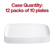 Modern white rectangular plates accented with a silver rim and flat raised edges, made of disposable plastic, 10.6x5 inches, 120-pack