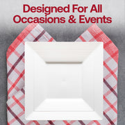 Modern white square plastic plates, 10.25-inch size, 120-pack disposable and perfect for elegant table settings