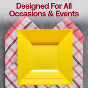 Modern yellow square plastic dinner plates, 9.5-inch design, durable and disposable, pack of 120 for versatile use