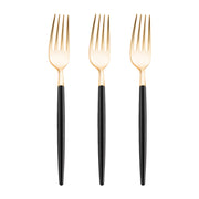 Moderno-style gold plastic forks with stylish black handles, ideal for chic table settings