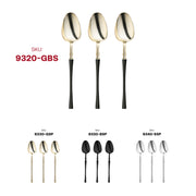 Moderno disposable plastic dinner spoons, gold-colored head and modern black handle, bulk 240-count.