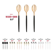 Moderno disposable plastic dinner spoons, gold-colored head and modern black handle, bulk 240-count