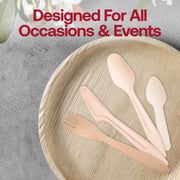 Displayed on a round wooden plate are eco-friendly, biodegradable disposable wooden utensils, including a fork, knife, spoon, and tablespoon. Above the plate, bold red text on a gray textured background with plant leaves in the top corners reads "Designed For All Occasions & Events." The product highlight is the Natural Birch Eco-Friendly Disposable Dinner Forks.