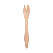 A single Natural Birch Eco-Friendly Disposable Dinner Fork, featuring three tines, is displayed vertically against a white background. Crafted from natural birch wood, the handle is straight and slightly tapers towards the end. This biodegradable utensil combines elegance with compostability, providing a sustainable dining option.