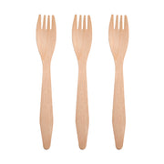 Three Natural Birch Eco-Friendly Disposable Dinner Forks arranged upright, evenly spaced, against a white background. Each fork, crafted from natural birch wood, features a simple design with smooth, tapered handles and standard tines. The visible wood grain adds a natural texture to these compostable and biodegradable utensils.