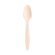 A single Natural Birch Eco Friendly Disposable Dinner Spoon, crafted from natural birch wood, is vertically positioned on a white background. The handle is straight with a slight tapering towards the top and features a smooth texture. The spoon has a shallow, oval-shaped bowl and is both compostable and biodegradable.