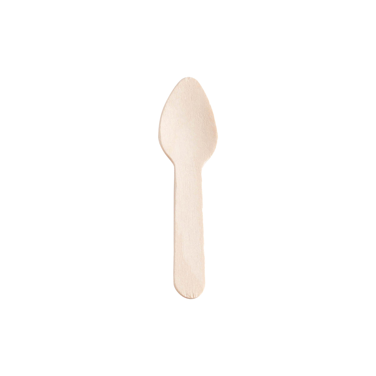 A single 3" Natural Birch Eco-Friendly Disposable Mini Dessert Spoon, crafted from Natural Birch Wood with a smooth finish, shown against a plain white background. The spoon has a traditional shape with a broad, rounded bowl and a flat handle.