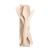 Natural birch wood eco-friendly disposable cutlery set with napkin, pack of 100, perfect for sustainable dining