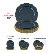 Navy with Gold Rim Round Blossom Disposable Plastic Appetizer/Salad Plates (7.5") SKU | Smarty Had A Party