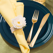 Navy Flat Round Disposable Plastic Wedding Value Set includes 120 dinner plates and 120 appetizer plates, providing ample quantity for any event, large or small.