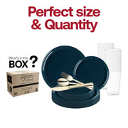 Navy Flat Round Disposable Plastic Wedding Value Set includes dinner plate 10", appetizer plate 8.5", fork 7.25", knives 8", spoons 6.25", and cups 4.5", offering the perfect size for every course