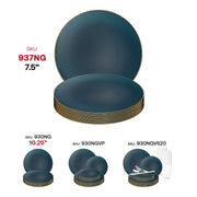 Navy and gold round plastic plates designed for appetizers or salads, 7.5-inch diameter, disposable and sold in a 120-pack