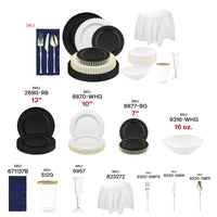 Navy blue napkins adding a vibrant touch to white linens and gold-accented tableware for receptions.