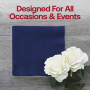 Navy blue paper napkin placed at a cocktail table setting, 10 x 10 inches unfolded, from a 600-count case.