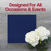 Navy blue paper napkin placed at a cocktail table setting, 10 x 10 inches unfolded, from a 600-count case