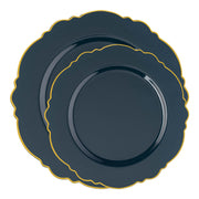 Navy blue with gold trim plastic dinnerware value set featuring blossom-edged plates, perfect for weddings, galas, or holiday celebrations