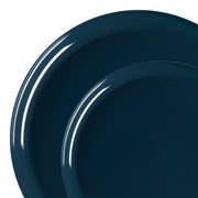 Navy flat round disposable plastic dinnerware set with 120 dinner plates and 120 salad plates, perfect for stylish entertaining