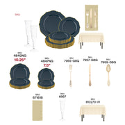 Navy plates and ivory napkins in the Resting Grinch Face Set bring calm sophistication to the holidays.