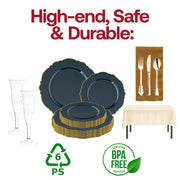 Navy plates and ivory napkins in the Resting Grinch Face Set bring calm sophistication to the holidays