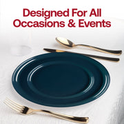 Navy plates on a buffet table, showing versatility for both upscale celebrations and casual affairs