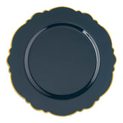 Navy round disposable plastic appetizer and salad plates with a gold rim and blossom design