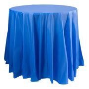 Navy round plastic tablecloths, 84-inch diameter, disposable and ideal for parties, receptions, or catered events, case of 96.