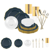 Navy with Gold Blossom Rim Disposable Plastic Tableware Set delivers refined grandeur and bold elegance for weddings and events