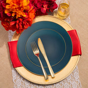 Navy with Gold Rim Organic Round Disposable Plastic Wedding Value Set, SKU 930NGVS20, includes 10.25" dinner plates, 7.5" appetizer plates, 7.25" forks, 8" knives, 6.25" spoons, and 4.5" cups