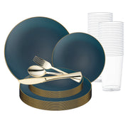 Navy with Gold Rim Organic Round Disposable Plastic Wedding Value Set with gold cutlery, featuring a deep navy hue with an elegant gold rim, perfect for adding a touch of sophistication to your event