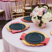 Navy with Gold Rim Round Blossom Disposable Plastic Dinner Plates supports sustainable serving with natural materials and texture