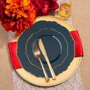 Navy with Gold Rim Round Blossom Disposable Plastic Wedding Value Set, SKU 4840NG-VS20, contains 10" dinner plates, 7.5" appetizer plates, 7.25" forks, 8" knives, 6.25" spoons, and 4.5" cups