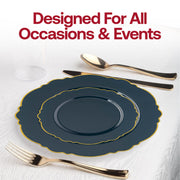 Navy with gold rim disposable salad plates, round design with a blossom pattern, 7.5-inch diameter, set of 120
