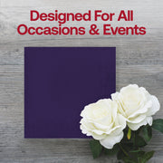 Neatly folded purple beverage napkin in soft paper, 10 x 10 inches when open, included in a 600-count pack