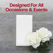 Neatly folded white premium buffet napkin with cloth-like appearance, 15.8 x 15.8 inches, sold in 288 bulk quantity.