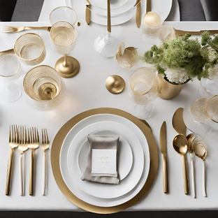 A stylishly set dining table features white plates with gold trim, a beige napkin with a place card on each plate, gold flatware, crystal glasses, and a centerpiece with white flowers and greenery in a gold vase. The table is elegant and sophisticated.