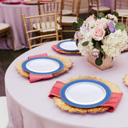 Often seen on white with gold spiral on blue rim plastic dinner plates (10.25")
