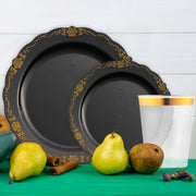 Opulent event setting featuring the Black with Gold Vintage Disposable Plastic Tableware Set.