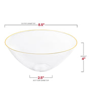 Organic 32 oz clear plastic bowls with a decorative gold rim, round and disposable, perfect for catering