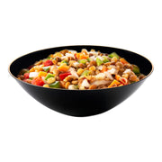 Organic round black plastic soup bowls with gold rim, 16 oz, disposable