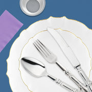 Ornate silver baroque plastic cutlery set with 10 forks, knives, and spoons, plus 12 oz pink disposable cups for chic celebrations.