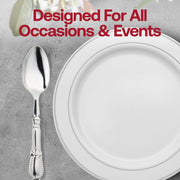 Ornate silver plastic dinner spoons with Baroque-style detailing, great for formal gatherings