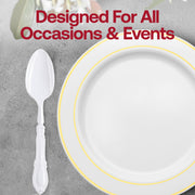 Ornate white Baroque-style plastic dinner spoons with intricate detailing, ideal for fancy table settings and upscale events