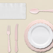Outdoor brunch featuring Cupid’s Favorite Dinnerware Set, styled with pink florals and white napkins on rustic wood