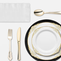 Outdoor wedding reception using The Hollywood Hangover Package with gold accents and crystal-clear drinkware